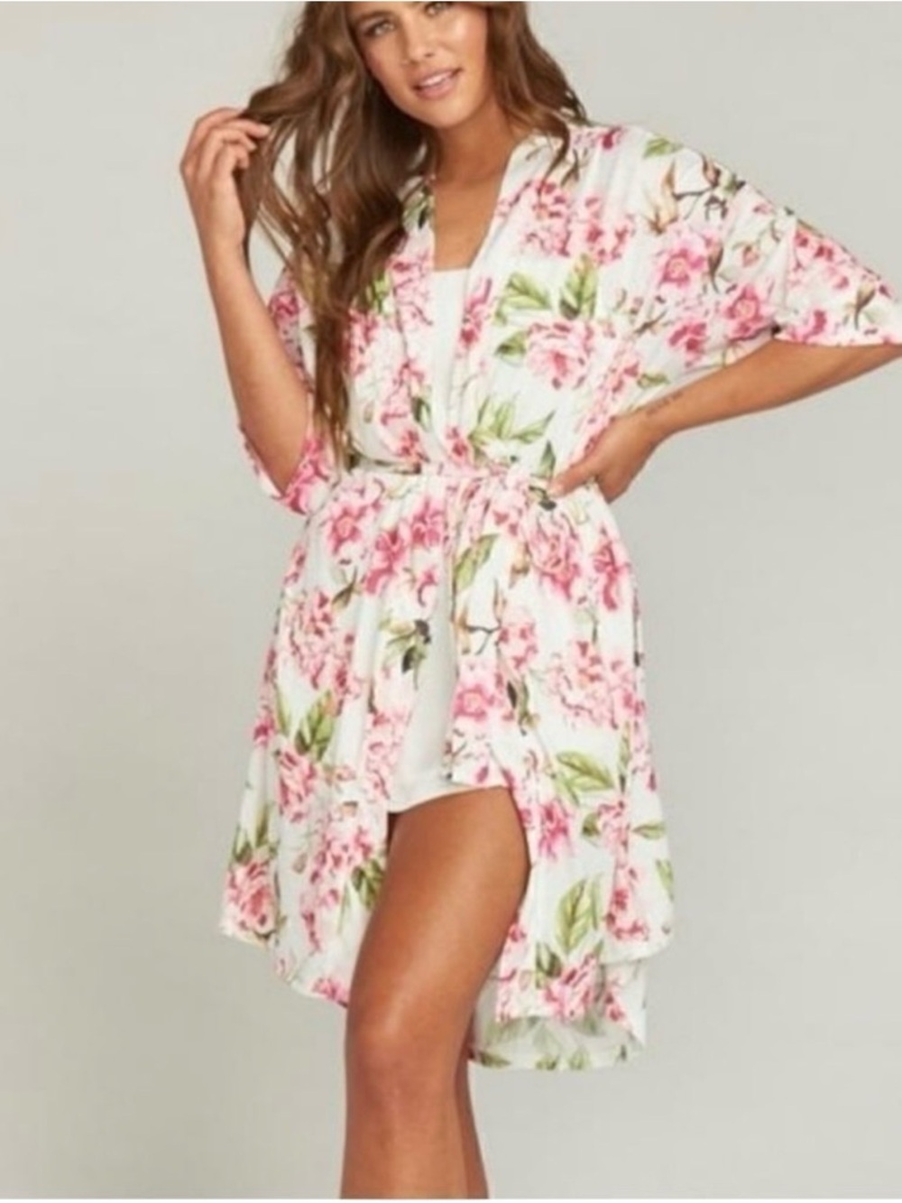 Show Me Your MuMu White Floral Kimono Robe with Pink & Green Print